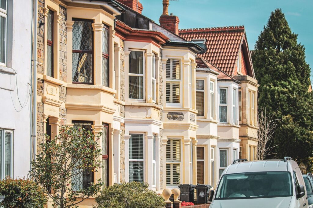 a front-side view of a street of bristol victorian terrace homes